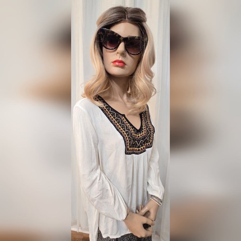 Embroidered White Boho Top Three Quarter Sleeves. Pristine Condition